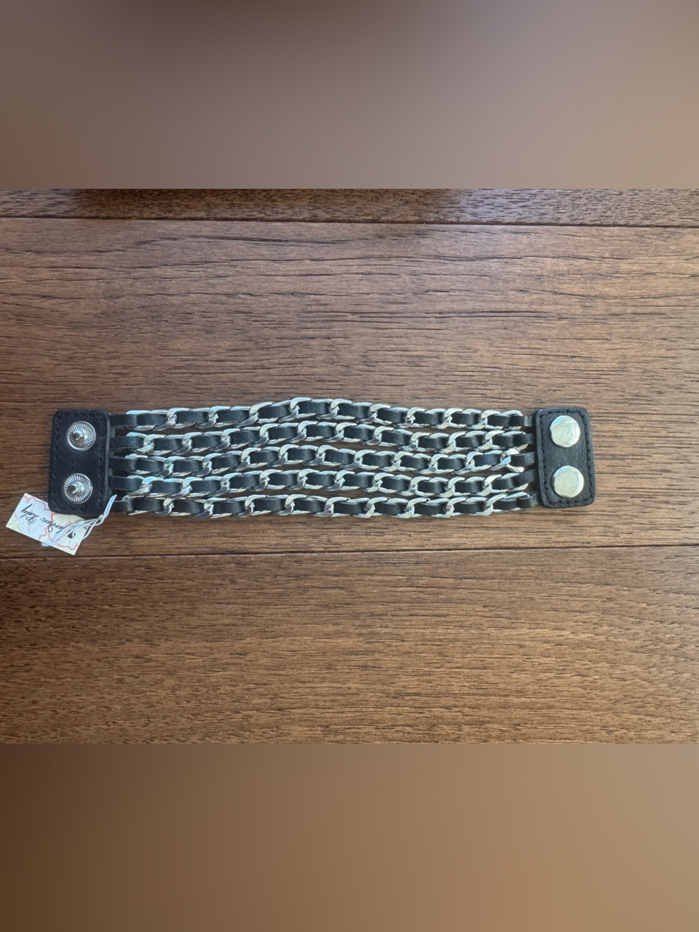 Leather and Silver Chain Multi-Row Bracelet - Black